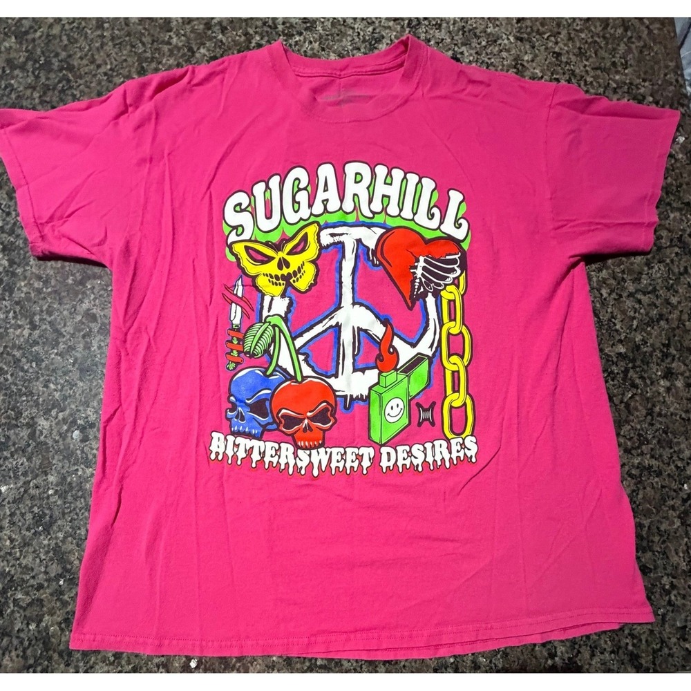 Sugarhill Bittersweet Desires Pink Graphic T-Shirt Mens XL Skulls Peace Sign‎